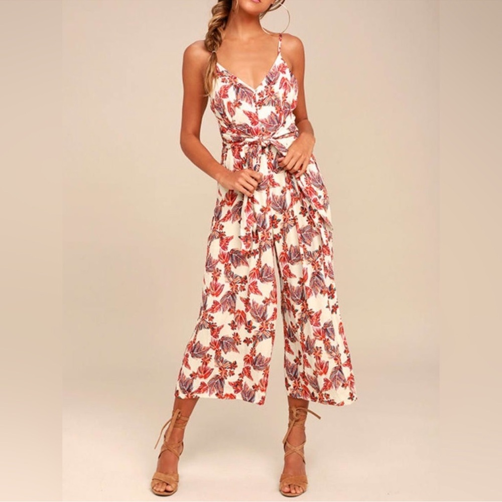 FREE PEOPLE | Hot Tropics beige/red multi floral wide leg cropped jumpsuit